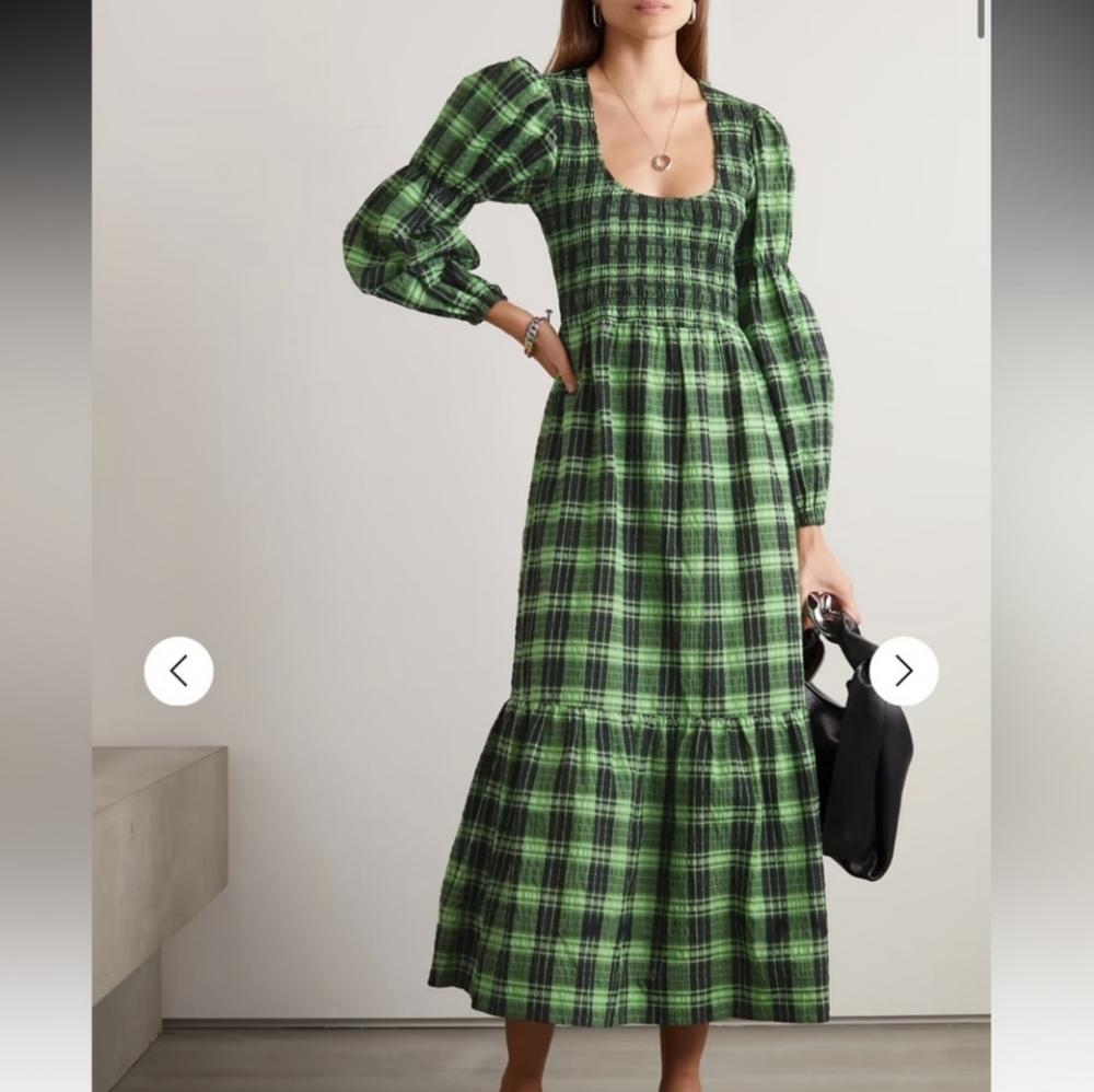 GANNI Seersucker Checked Smocked Maxi Dress in Green NWT Size 40